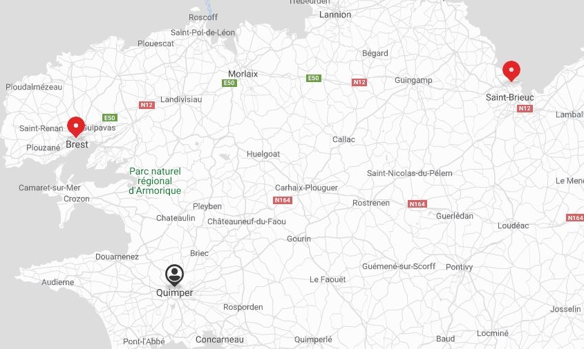 Carte géographique de la ville de Quimper, située dans le finistère